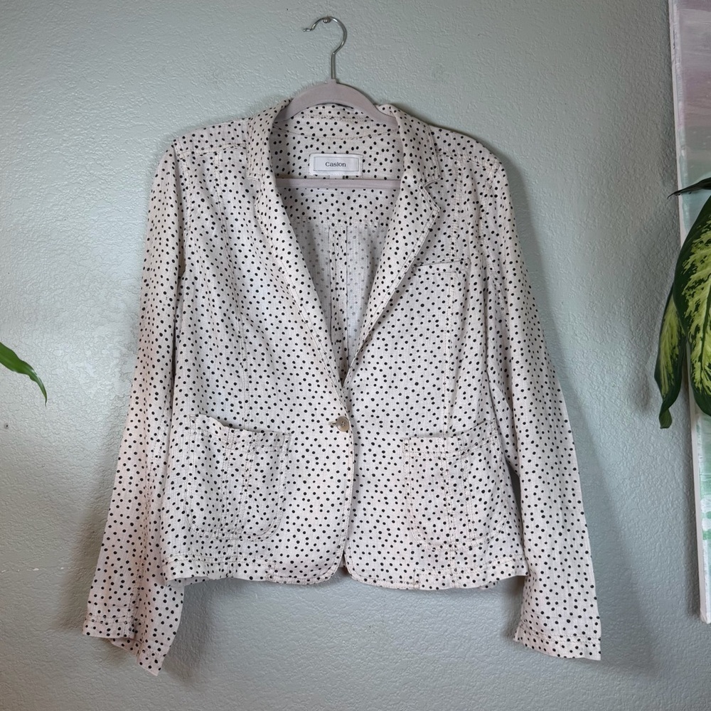 Caslon Linen White Cream Black Polka Dot One Button Front Pocket Blazer L